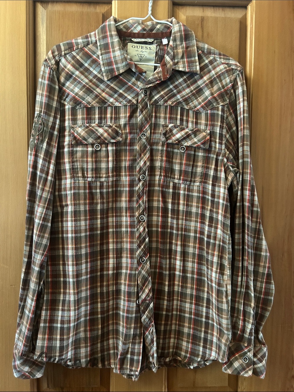 GUESS Men's Flannel Plaid Button-Down Shirt in Brown and Orange Tones
